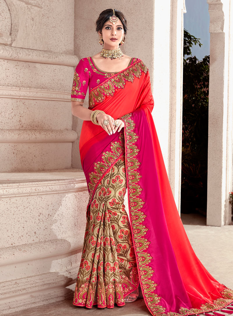 Red Banarasi Silk Half and Half Saree 147058