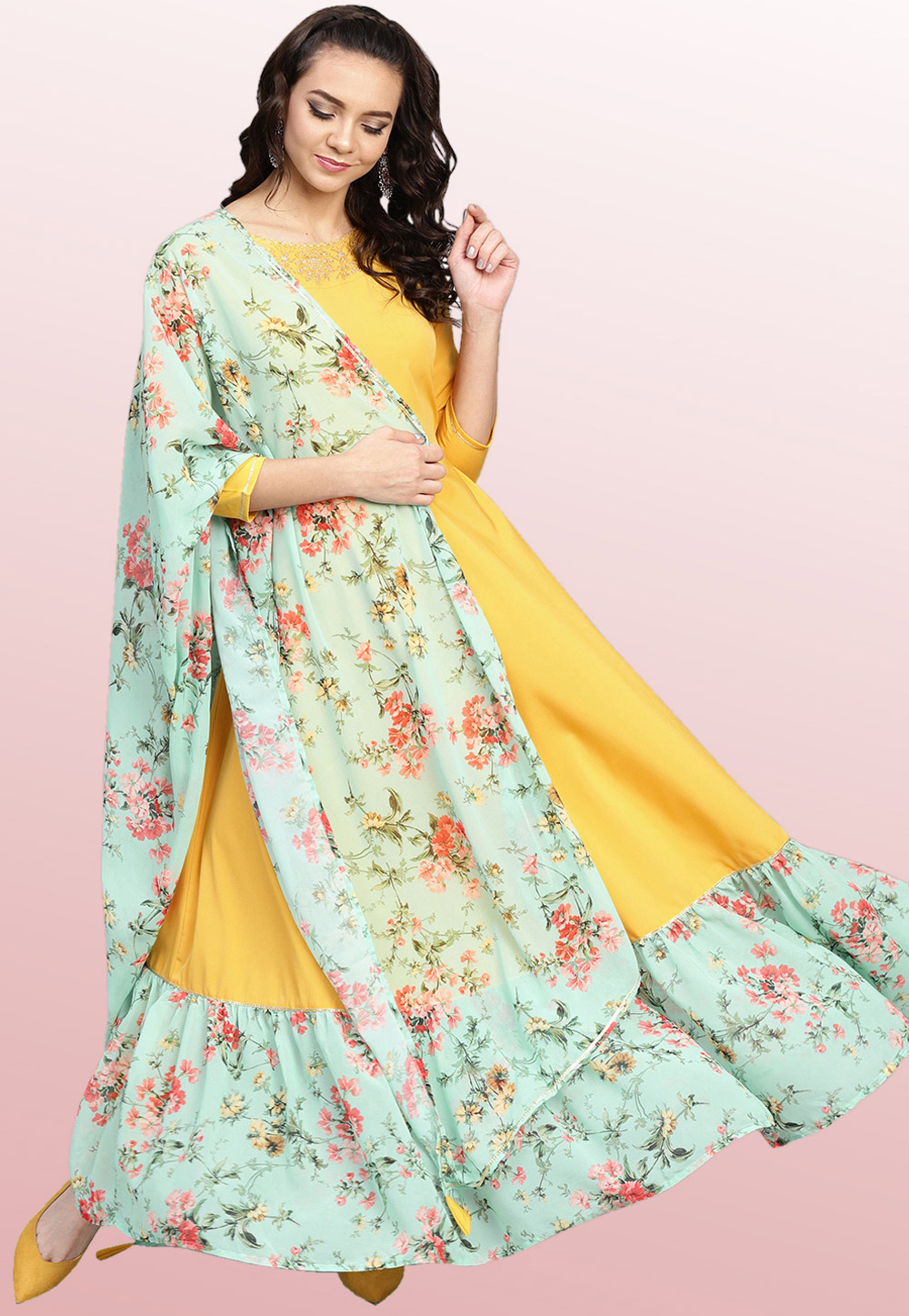 Yellow Crepe Readymade Printed Gown 176681