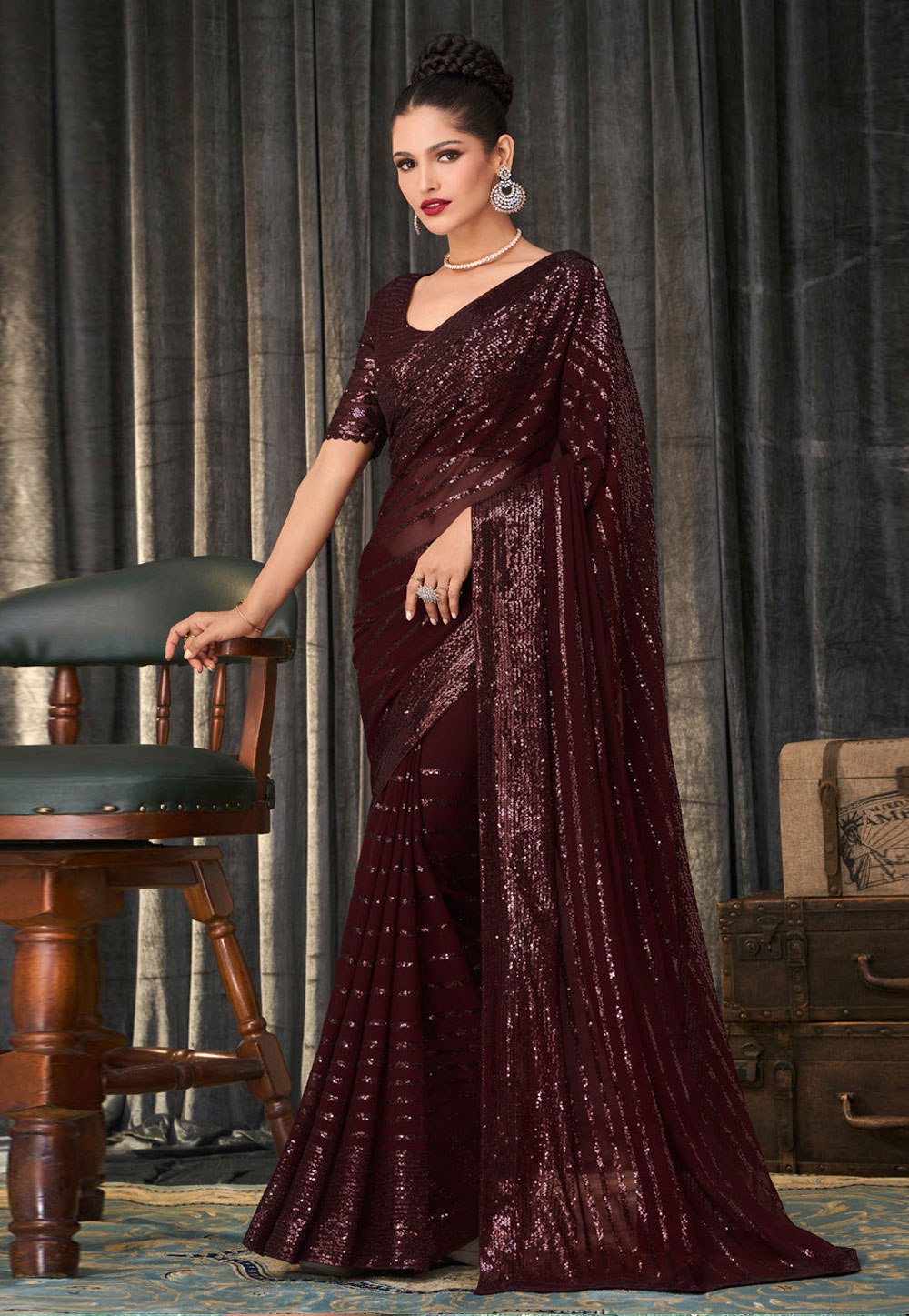 Wine Georgette Saree With Blouse 242225