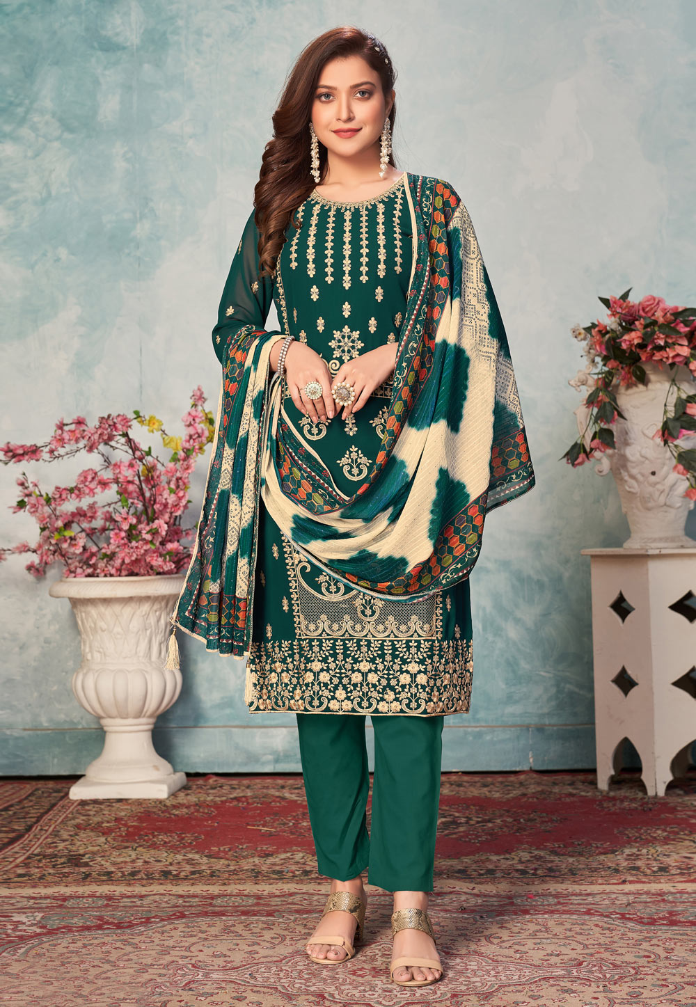 Green Faux Georgette Pant Style Suit 239255