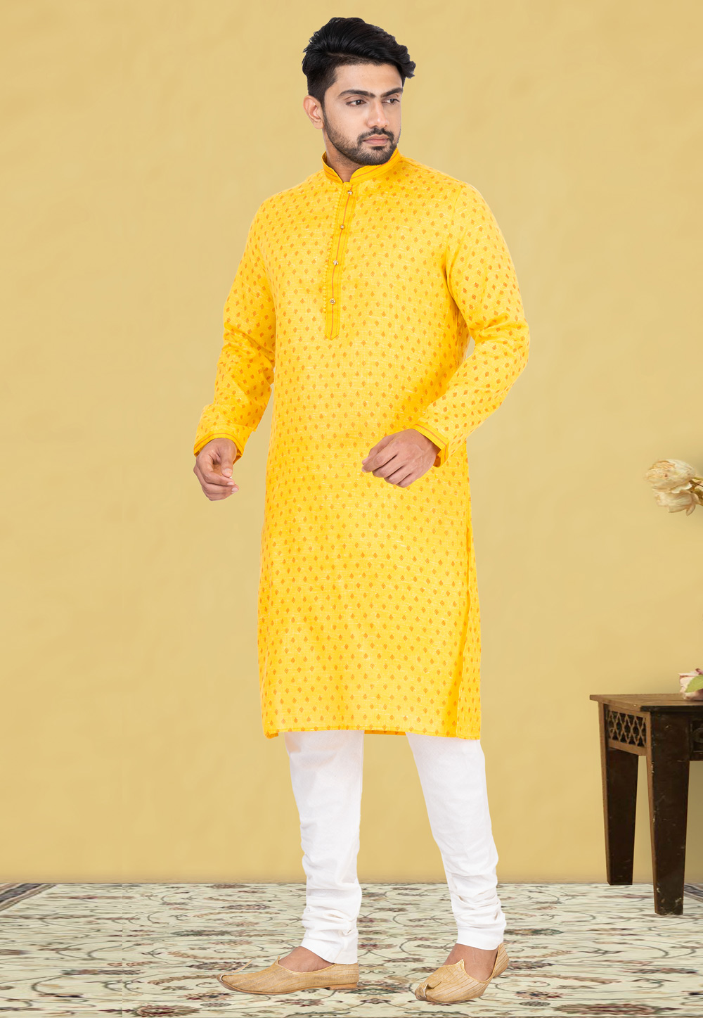 Yellow Cotton Linen Kurta Pajama 248060