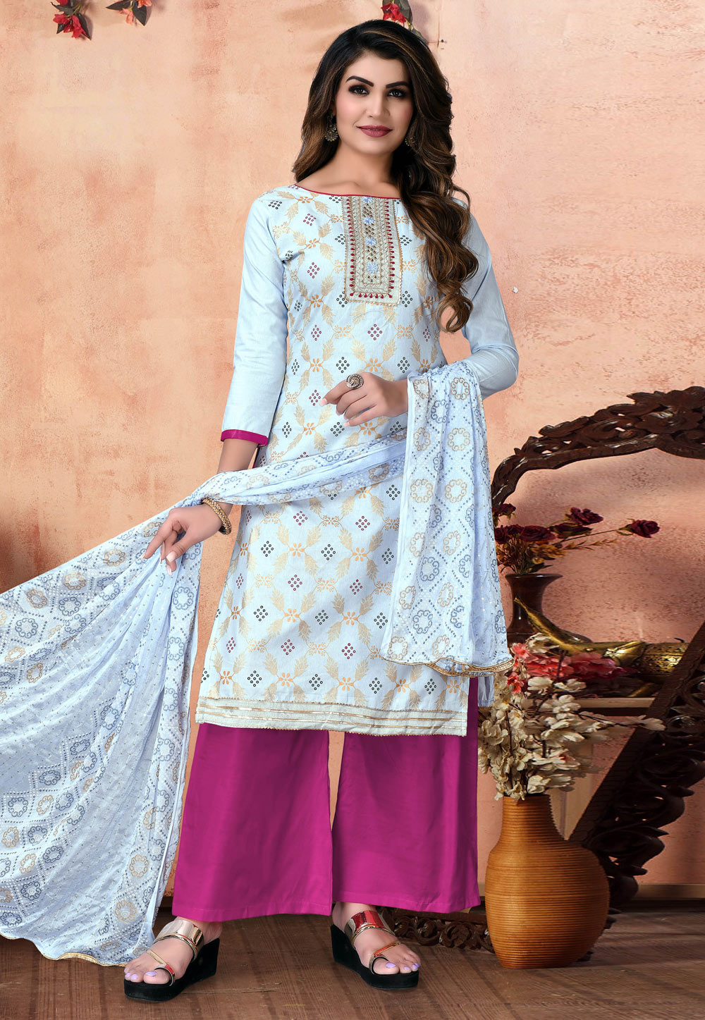Sky Blue Cotton Pakistani Palazzo Suit 246871