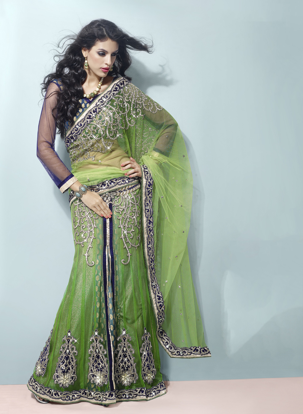 Green Net Sequins Work Designer Lehenga Saree 31270