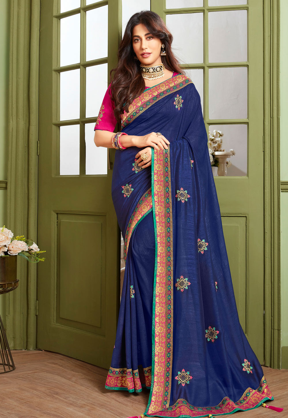 Chitrangada Singh Navy Blue Silk Festival Wear Saree 228676