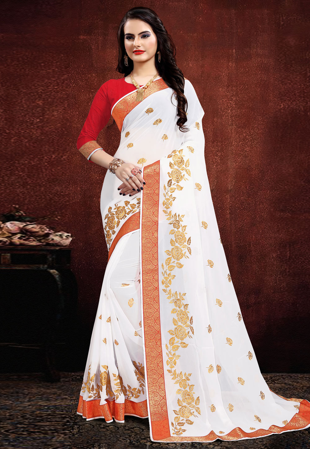 White Georgette Saree With Blouse 205673