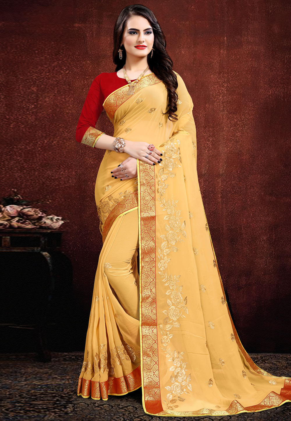 Yellow Georgette Saree With Blouse 205675