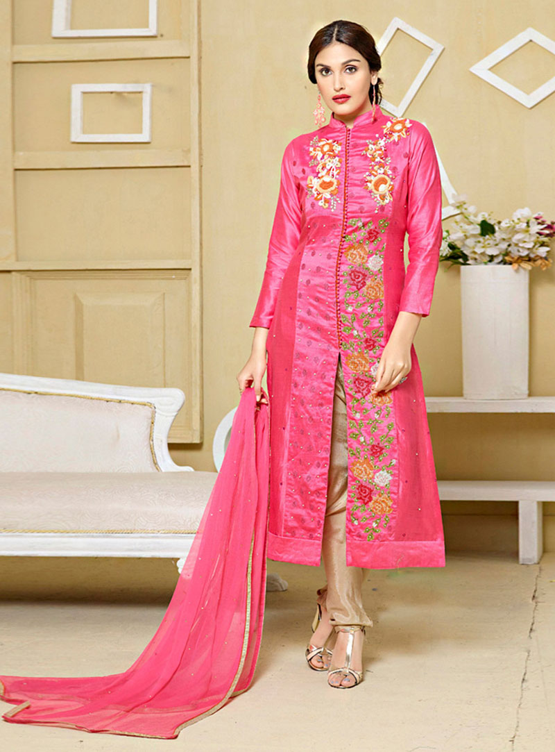 Pink Cotton Satin Pakistani Style Suit 75570