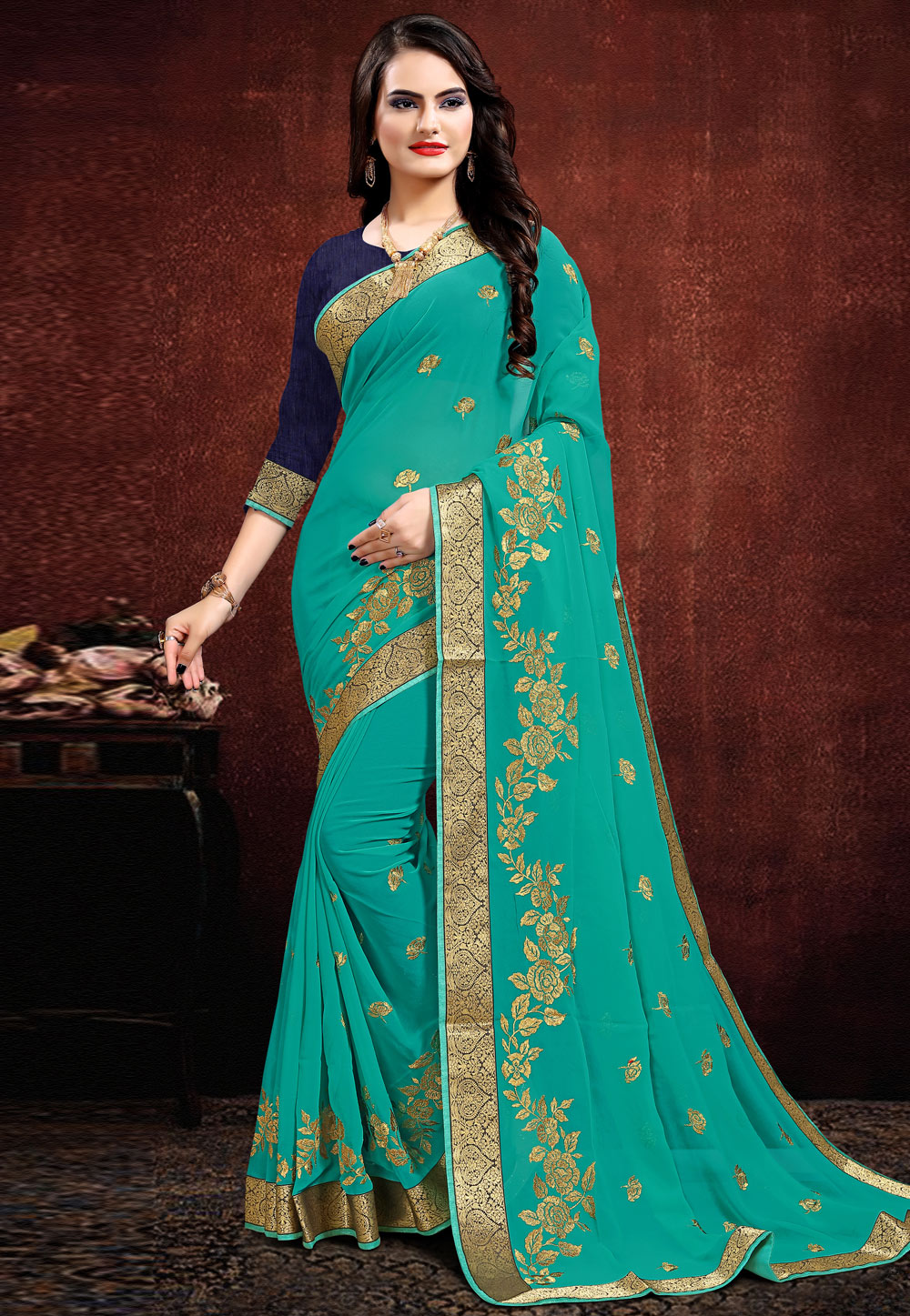 Turquoise Georgette Saree With Blouse 205679