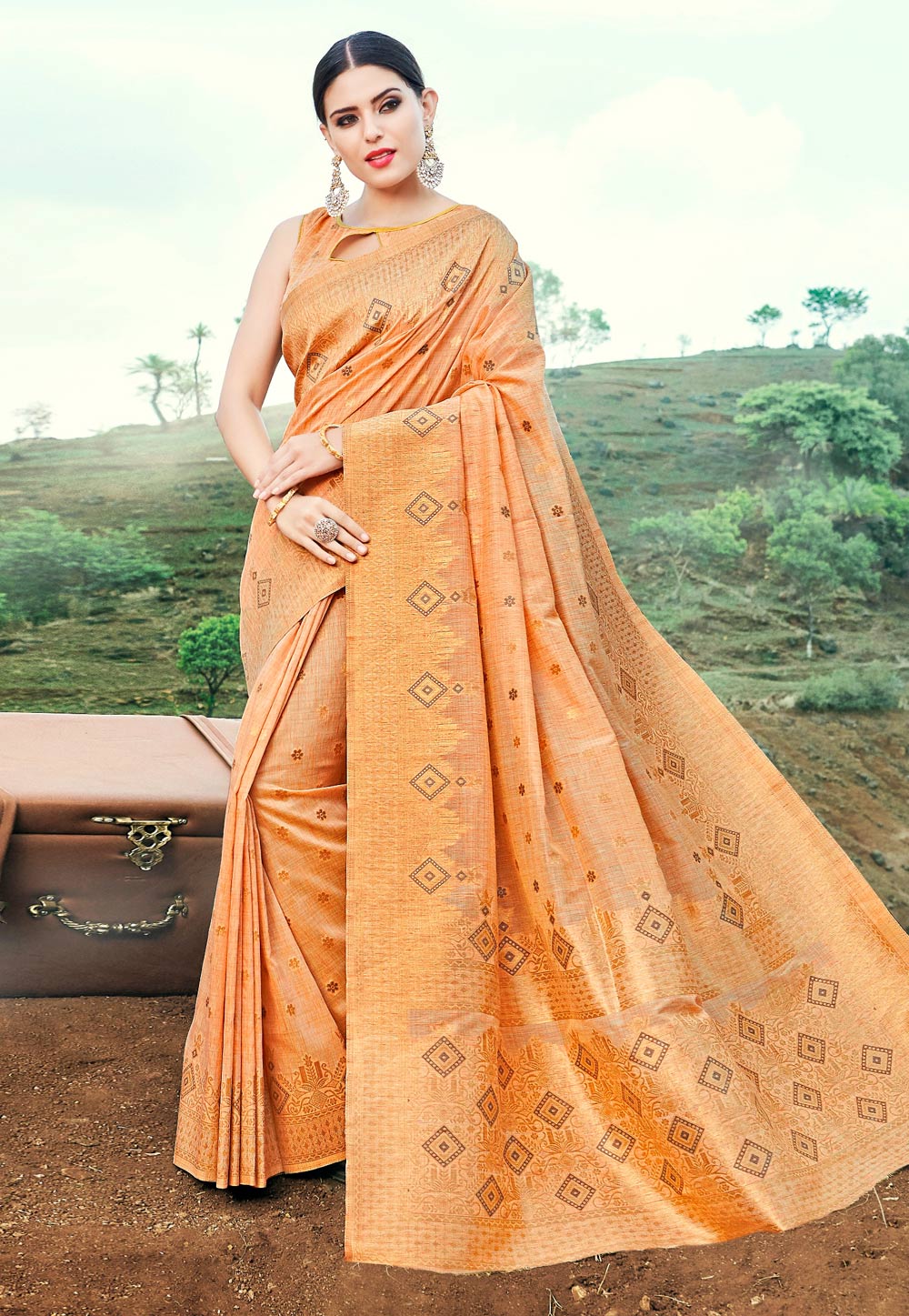 Orange Banarasi Silk Saree With Blouse 215771