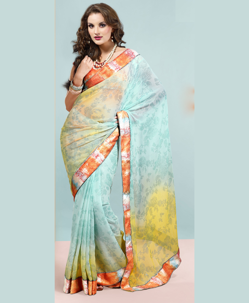 Sky Blue Shimmer Chiffon Saree With Blouse 65171