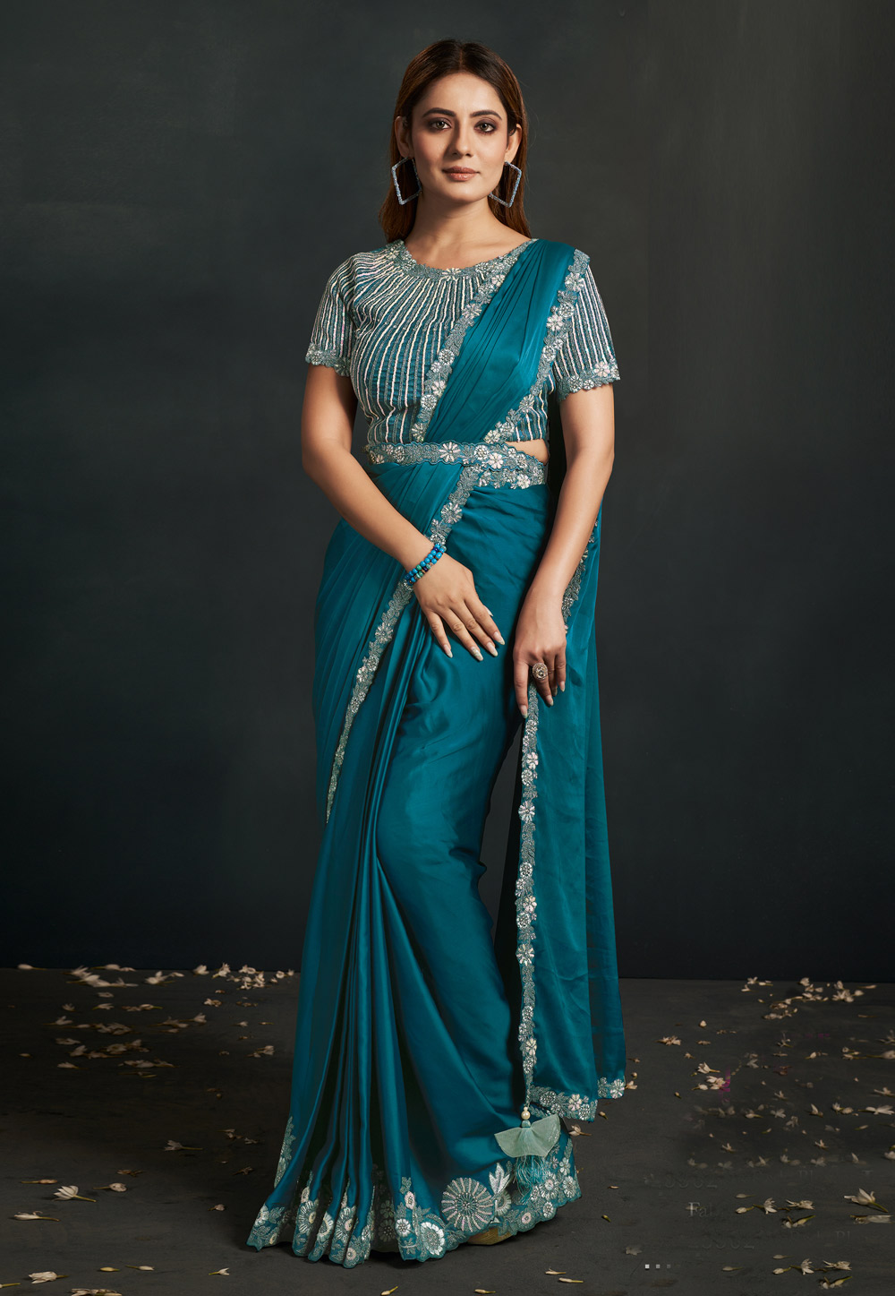 Teal Satin Silk Designer Saree Witn Jacket 271421