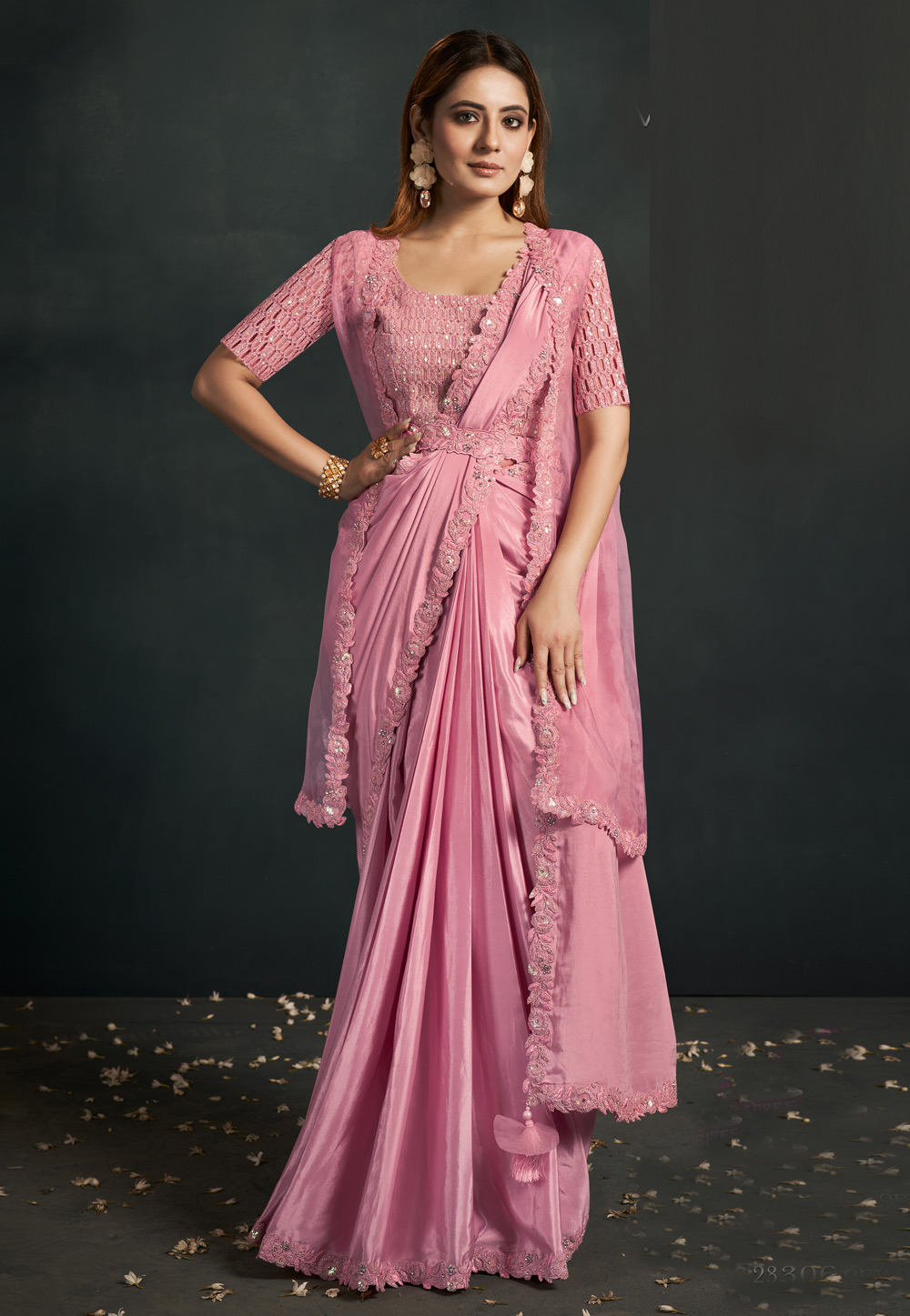 Pink Silk Crepe Designer Saree Witn Jacket 271425