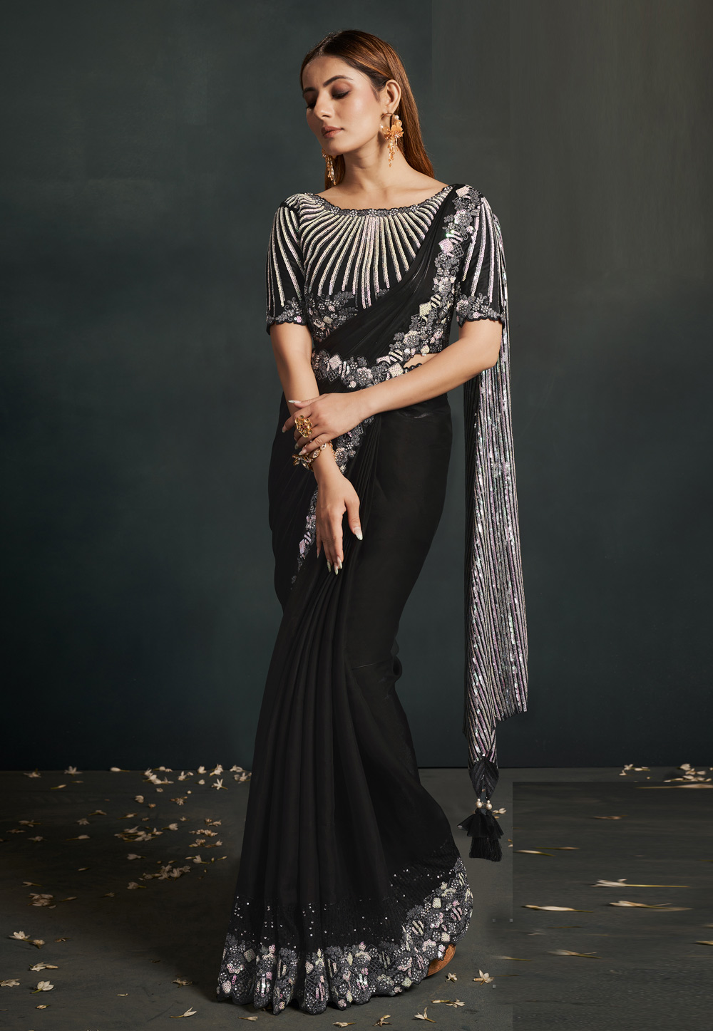 Black Silk Crepe Plain Saree With Designer Blouse 271426