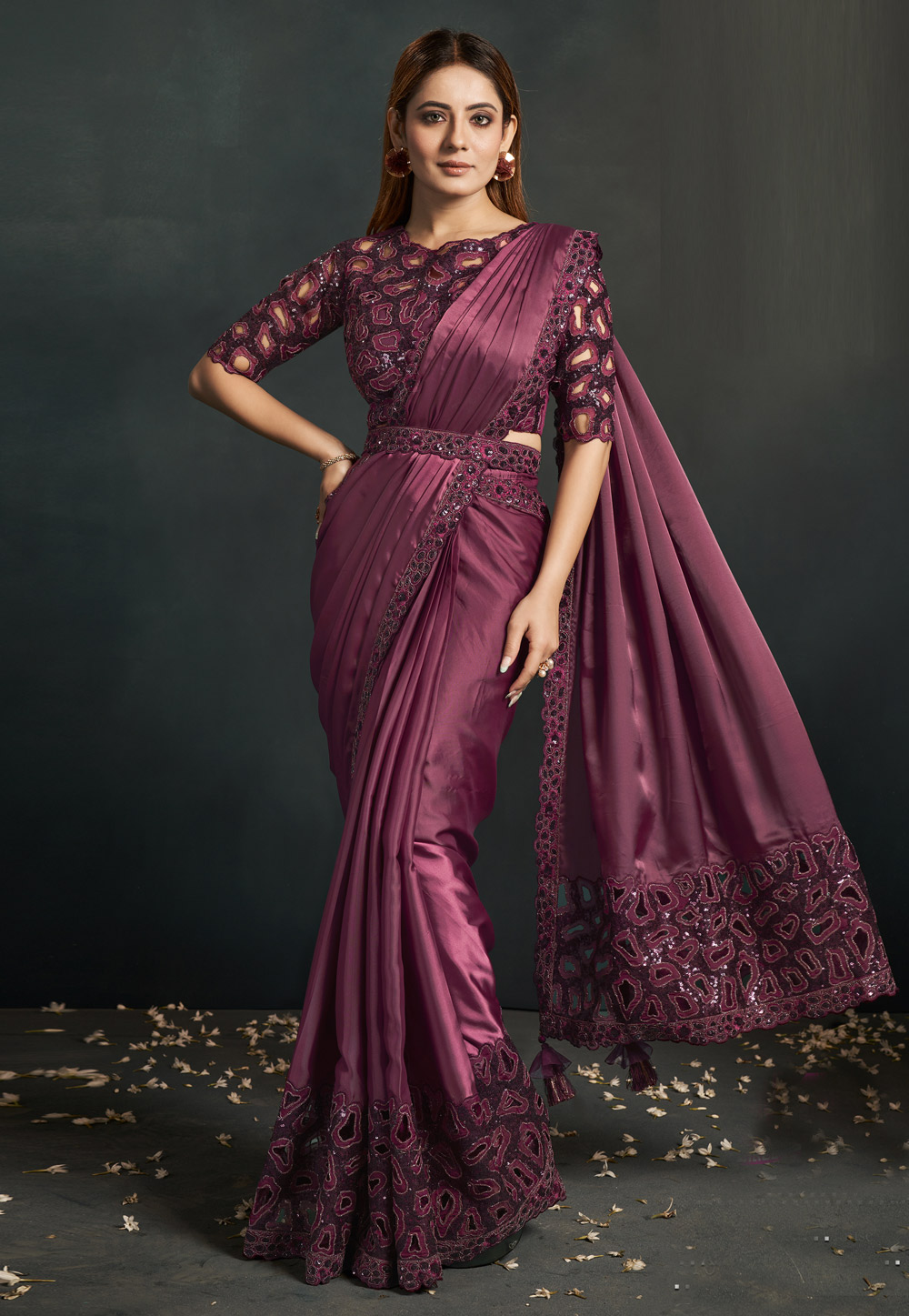 Wine Silk Crepe Designer Saree 271429