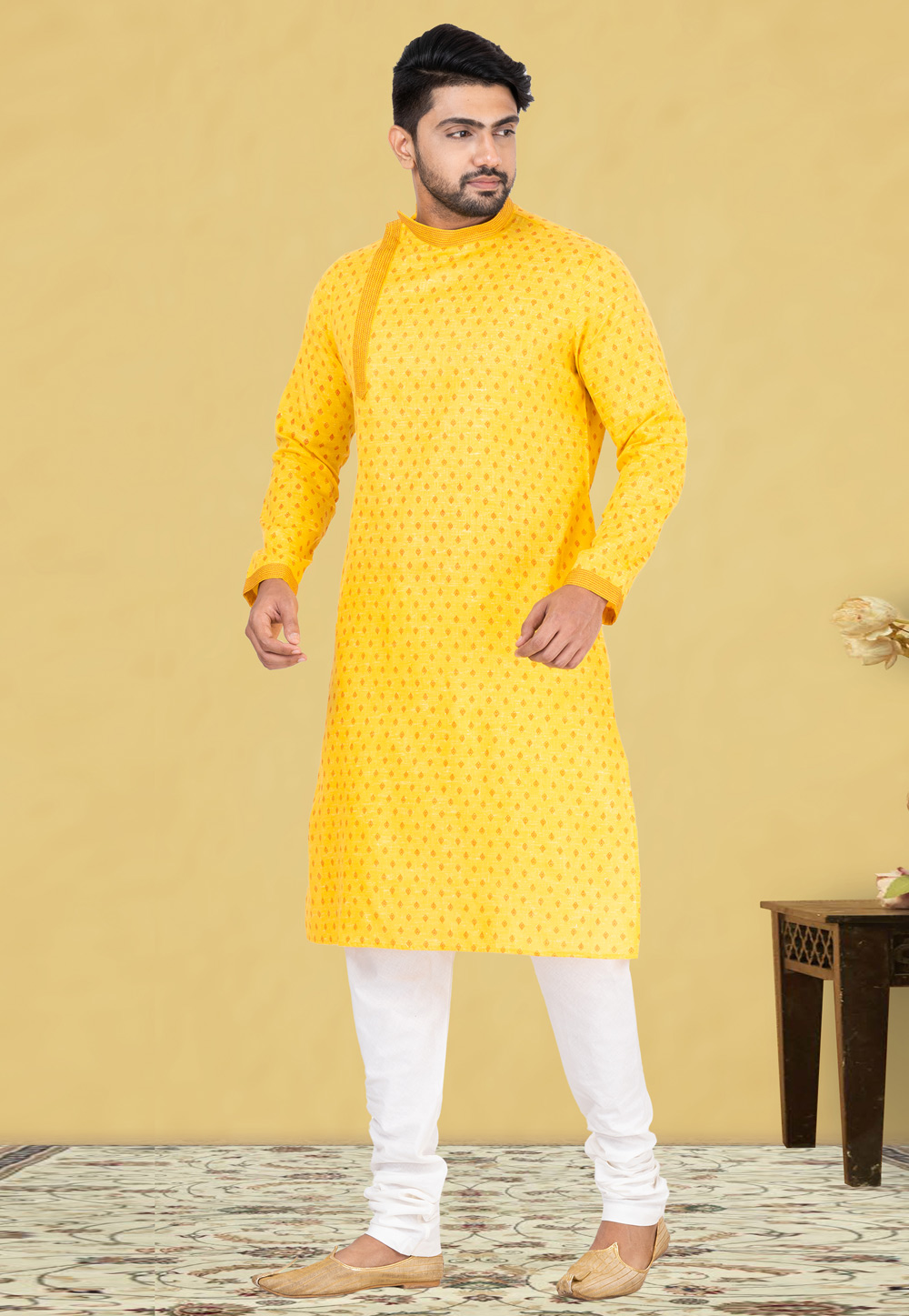Yellow Cotton Linen Kurta Pajama 248087