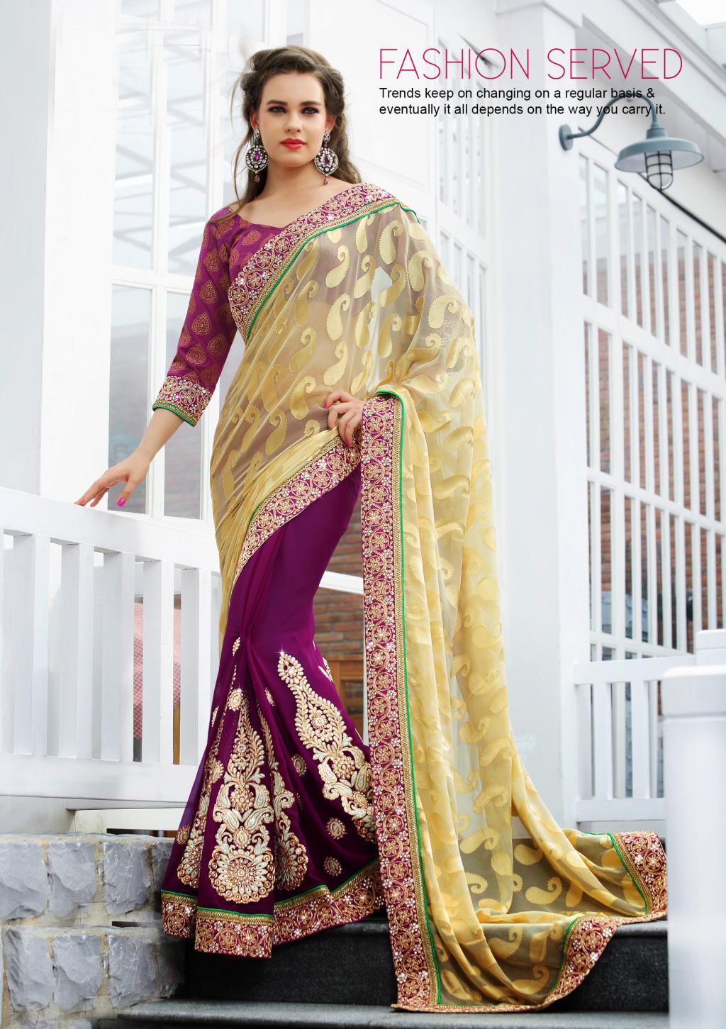Cream and Purple A Line Embroidered Brasso Party Wear Saree 26236