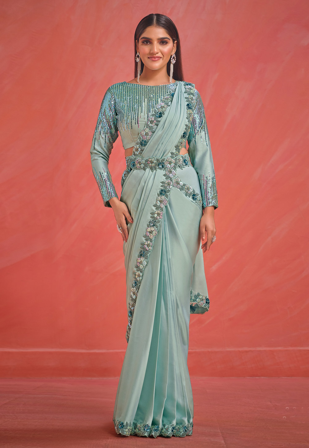 Sea Green Crepe Silk Saree With Designer Blouse 275930