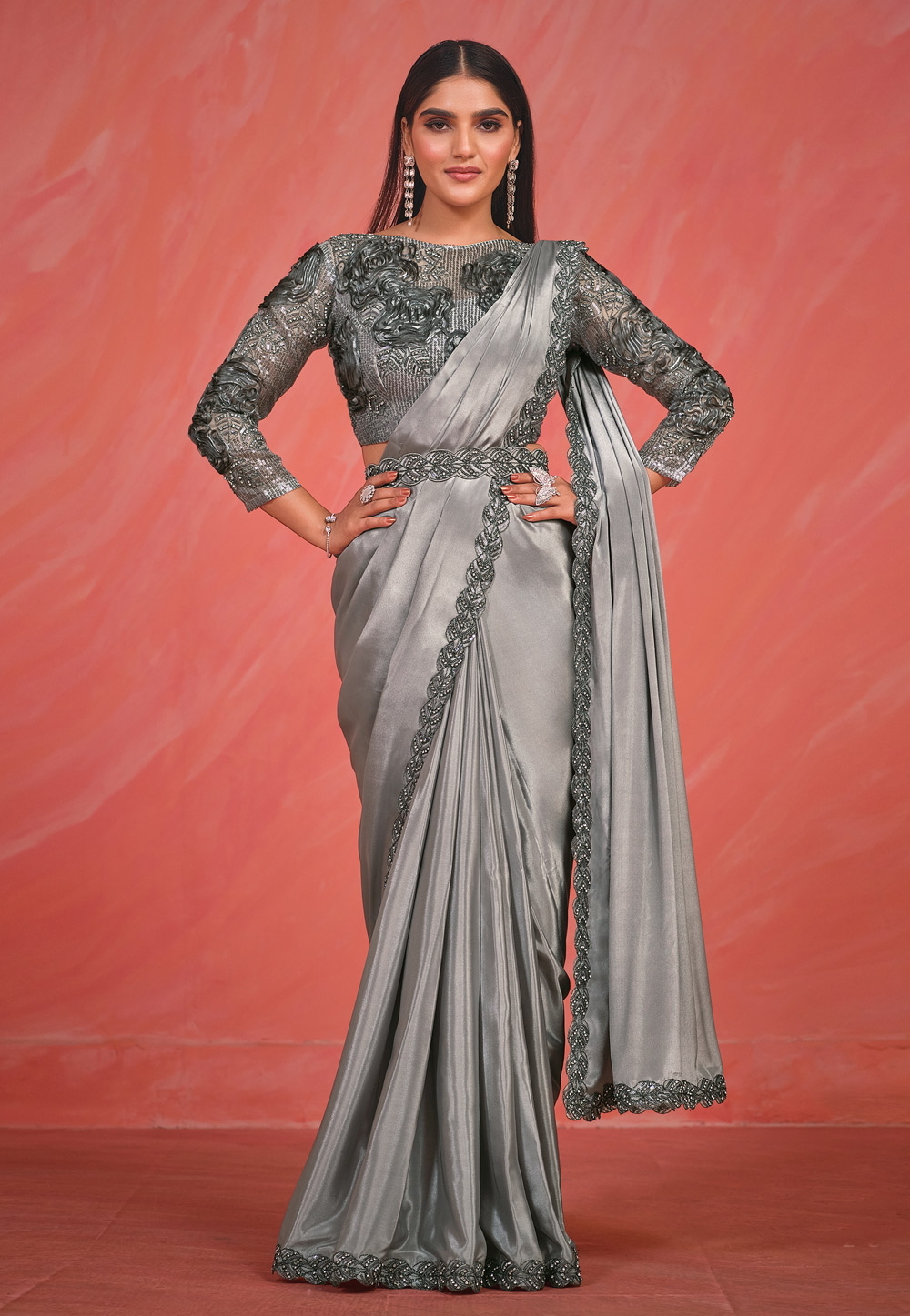 Grey Crepe Silk Saree With Designer Blouse 275933