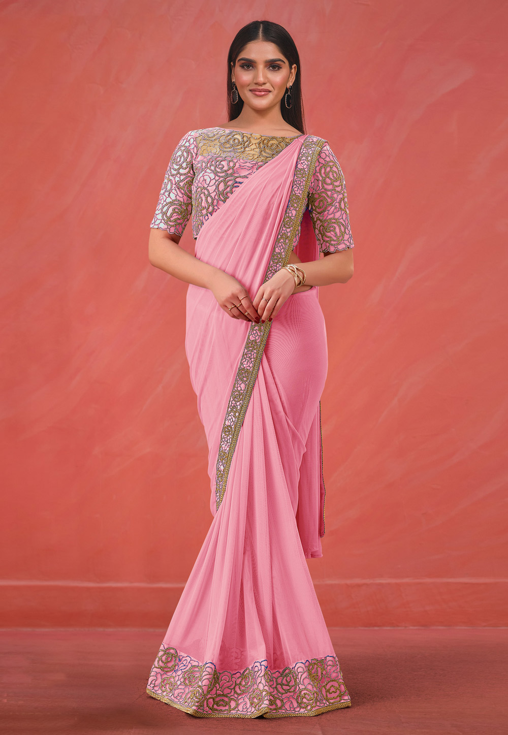 Pink Lycra Net Saree With Blouse 275934