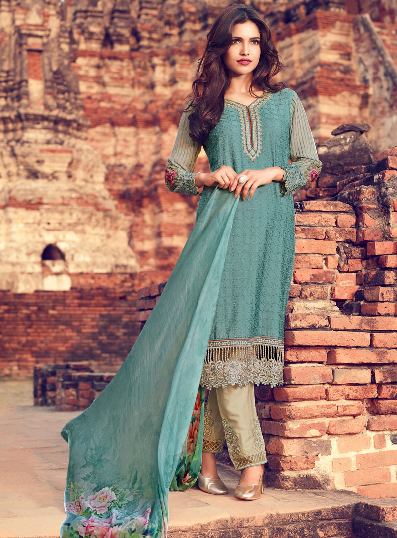 Teal Cotton Pakistani Style Suit 93879