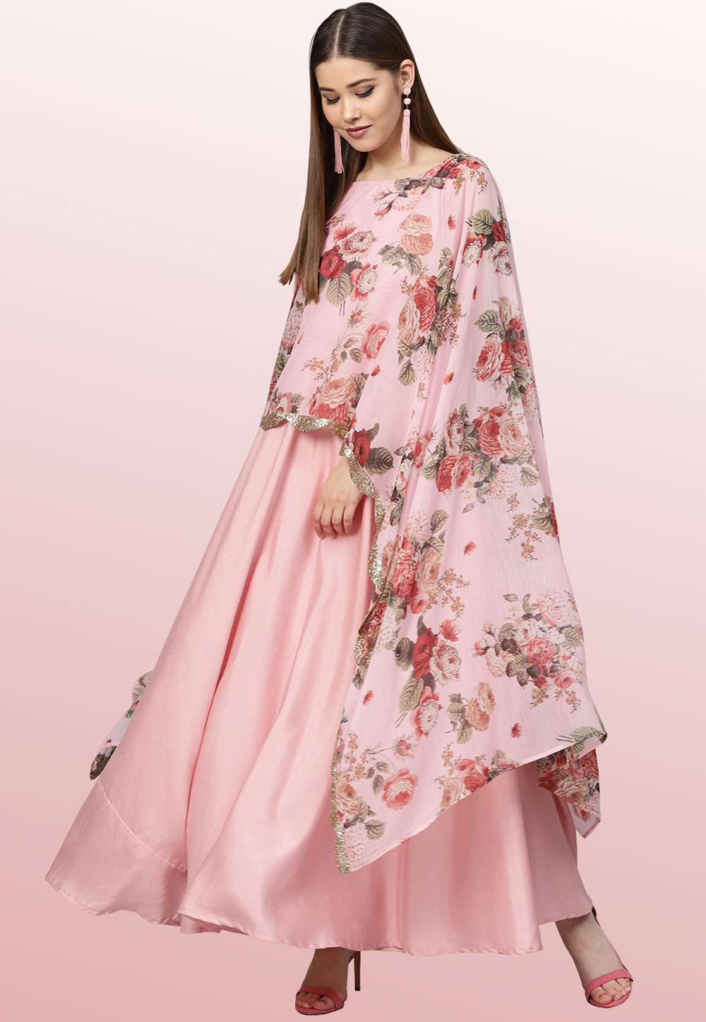 Pink Silk Readymade Printed Gown With Cape 176685
