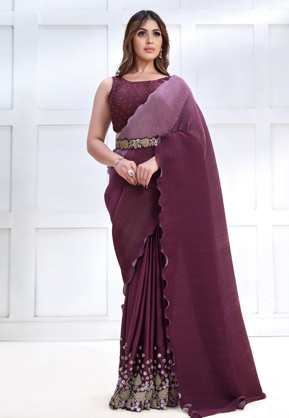 Buy VKARAN Women's Wine Chiffon Plain Saree With Blouse Online at Best  Prices in India - JioMart.