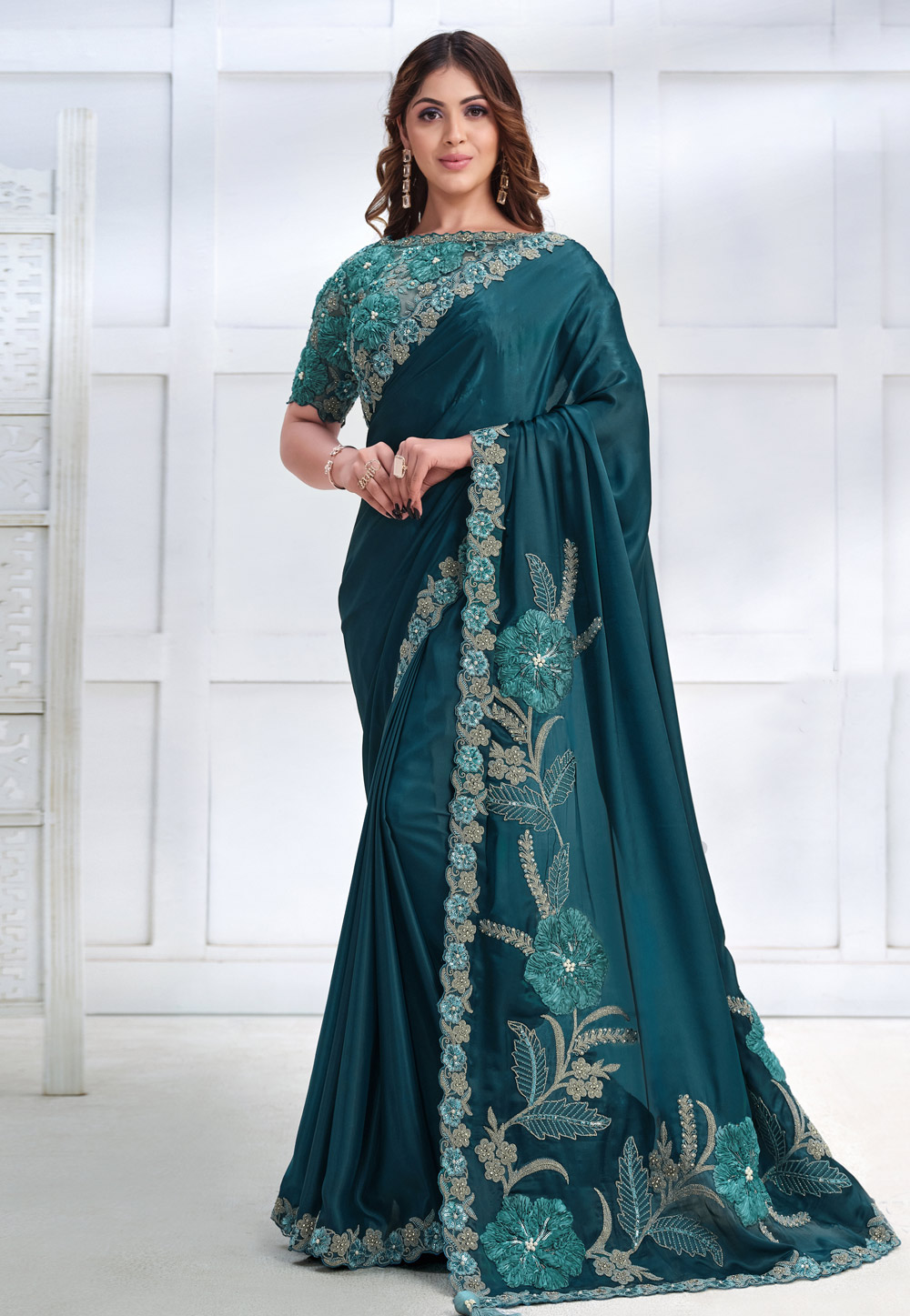 Teal Crepe Saree With Blouse 276021