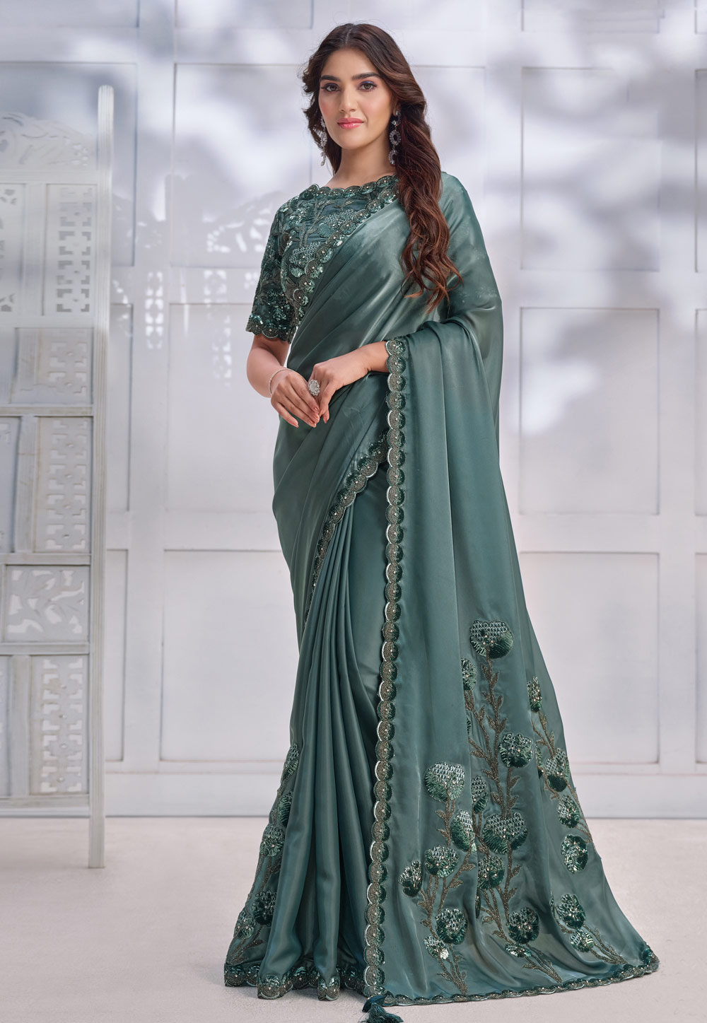 Sea Green Crepe Saree With Blouse 276023