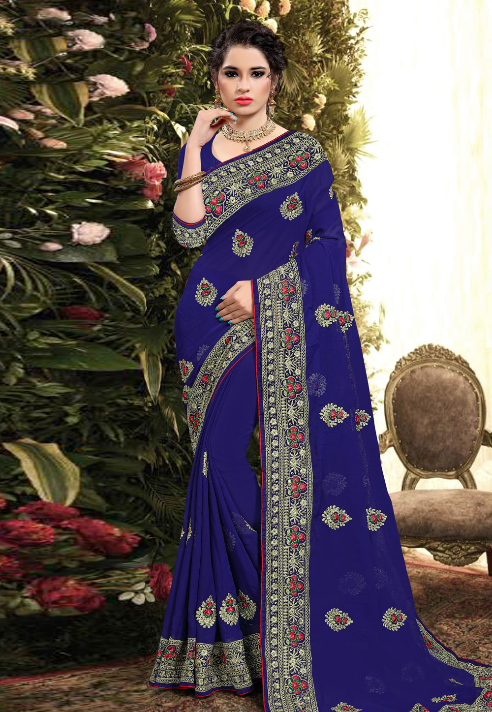Blue Georgette Saree With Blouse 206197