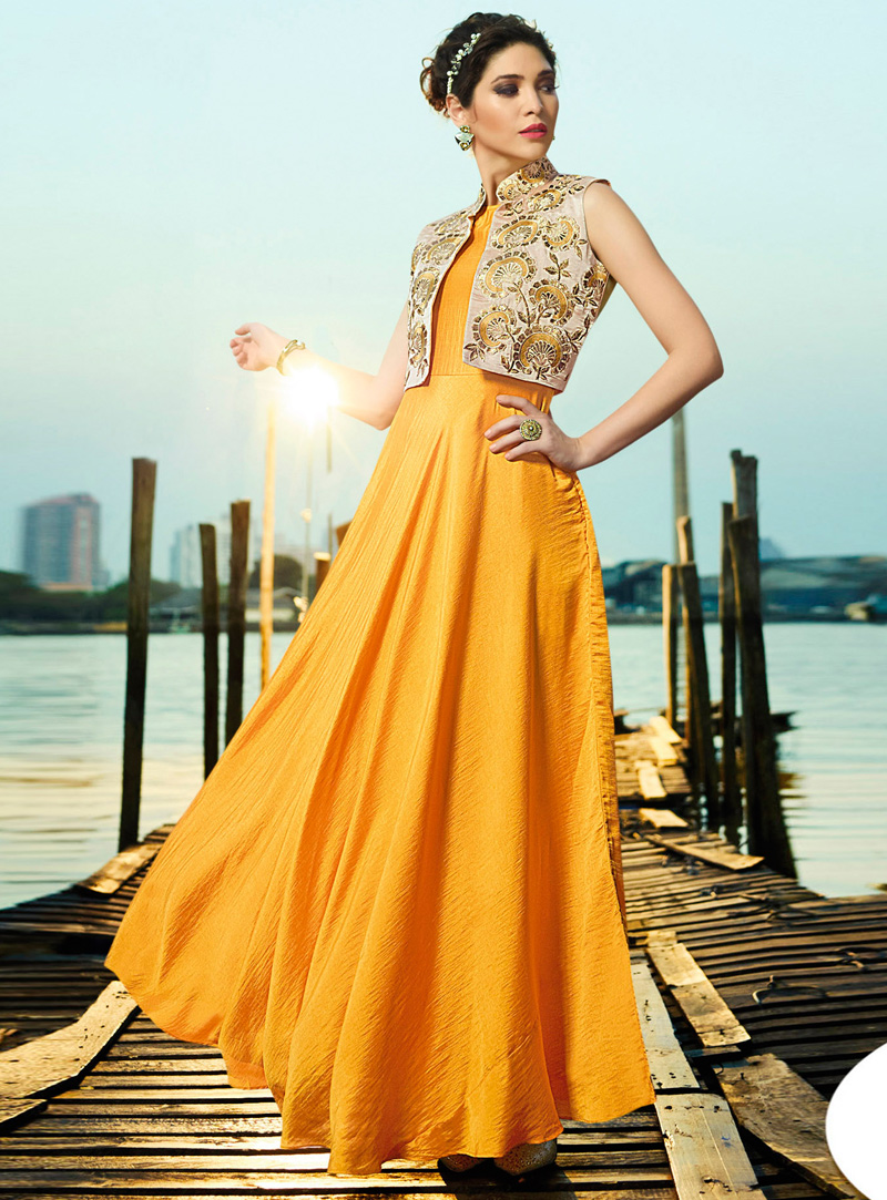 Womens Yellow Paithani Gown with pallu jacket  WEAR COURAGE