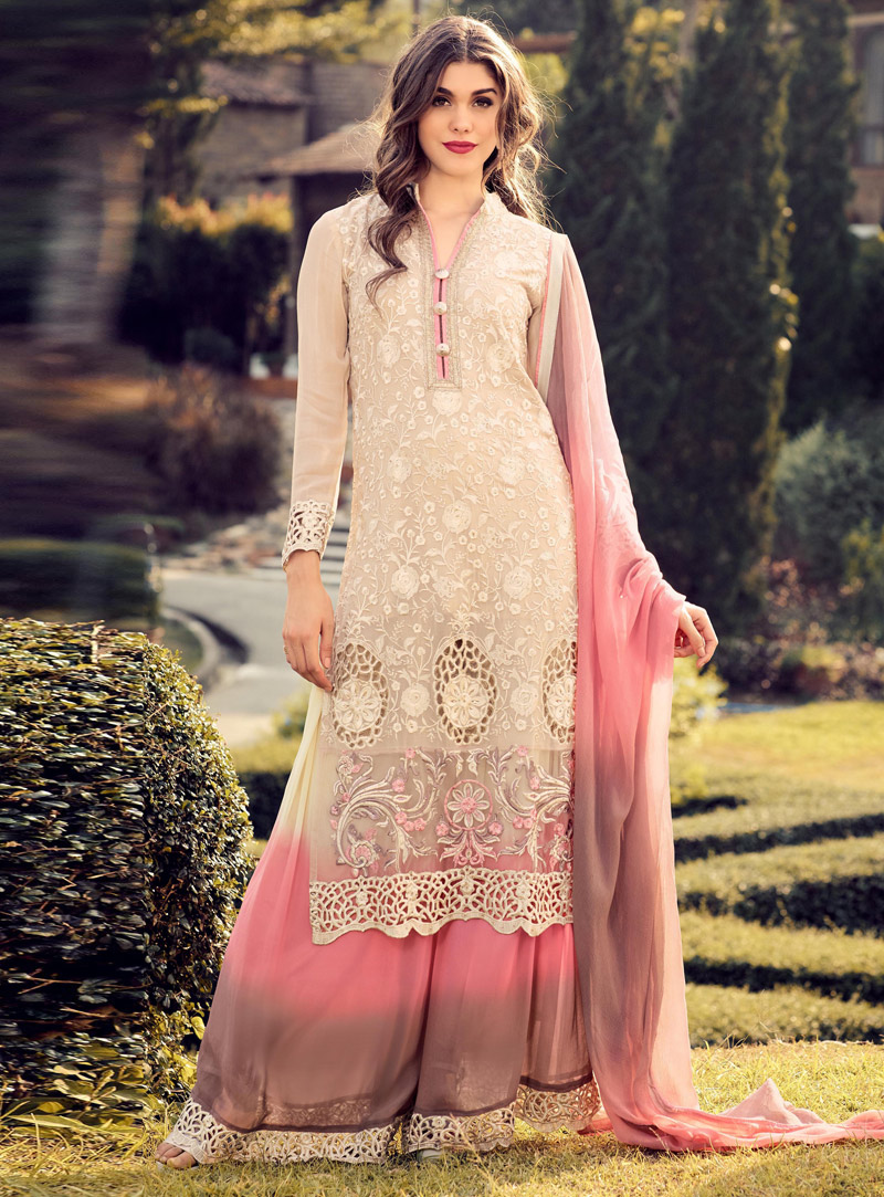 Cream Georgette Palazzo Style Suit 95149