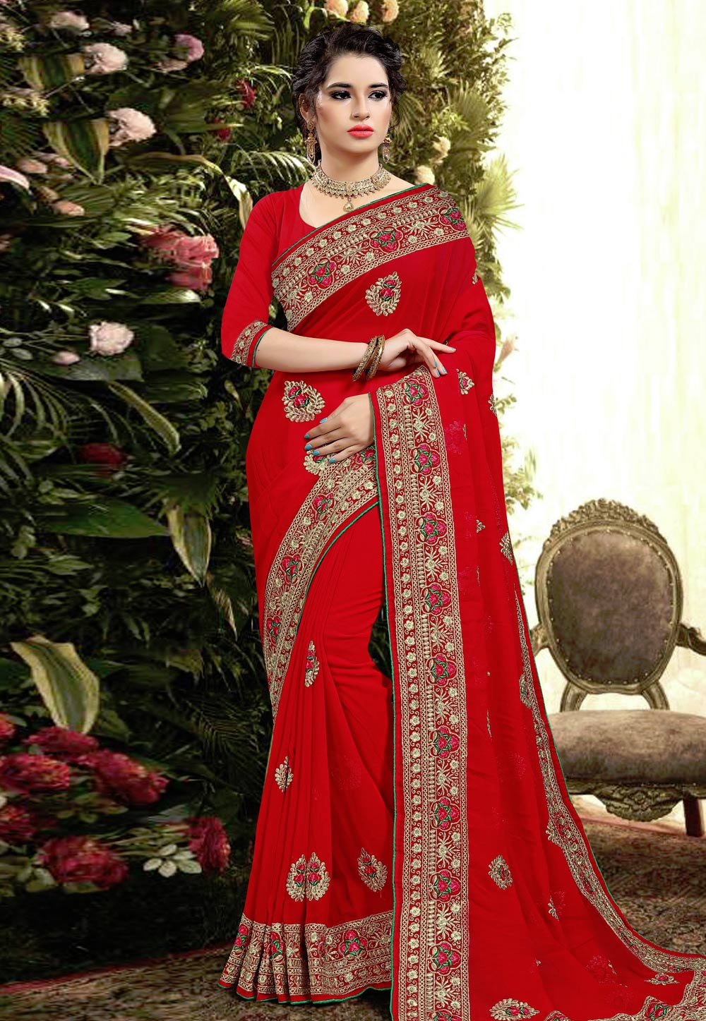 Red Georgette Saree With Blouse 206201