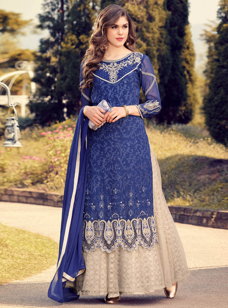 Blue Georgette Palazzo Style Suit 95157