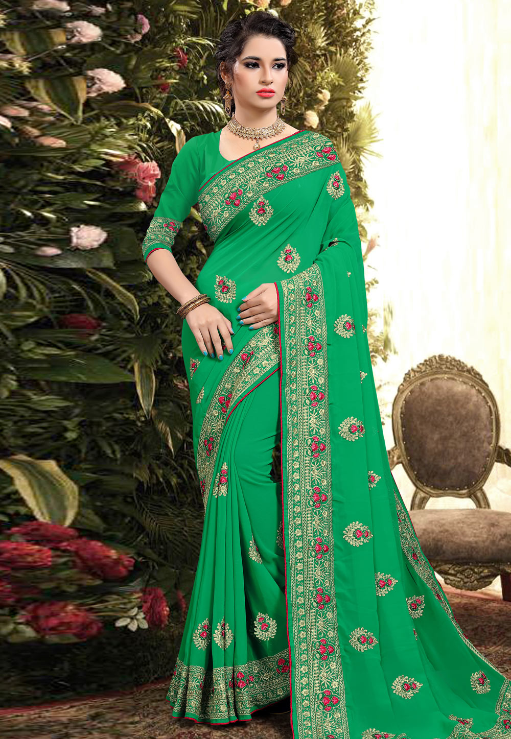 Green Georgette Saree With Blouse 206203