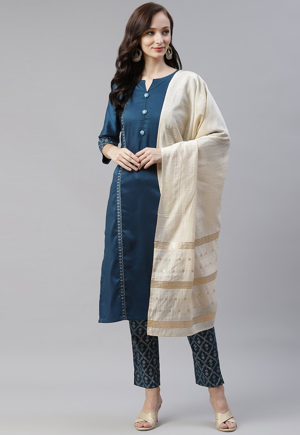 Blue Chinon Readymade Kameez With Pant 234109