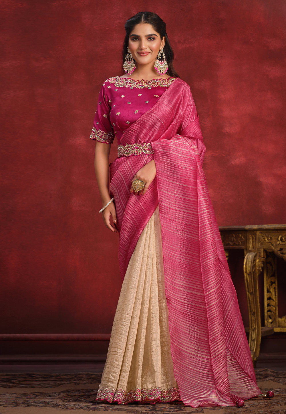 Pink Banarasi Silk Half N Half Saree 277176