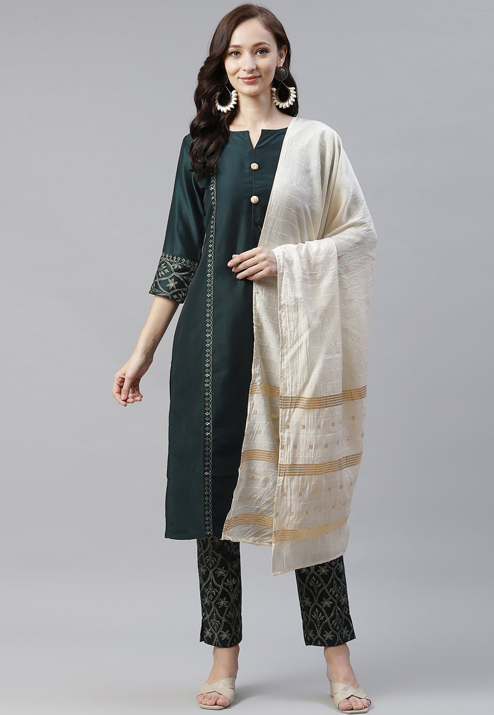 Green Chinon Readymade Kameez With Pant 234111