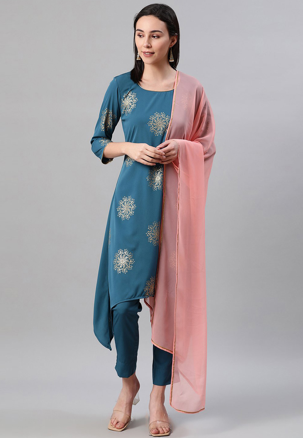 Blue Crepe Readymade Kameez With Pant 234117