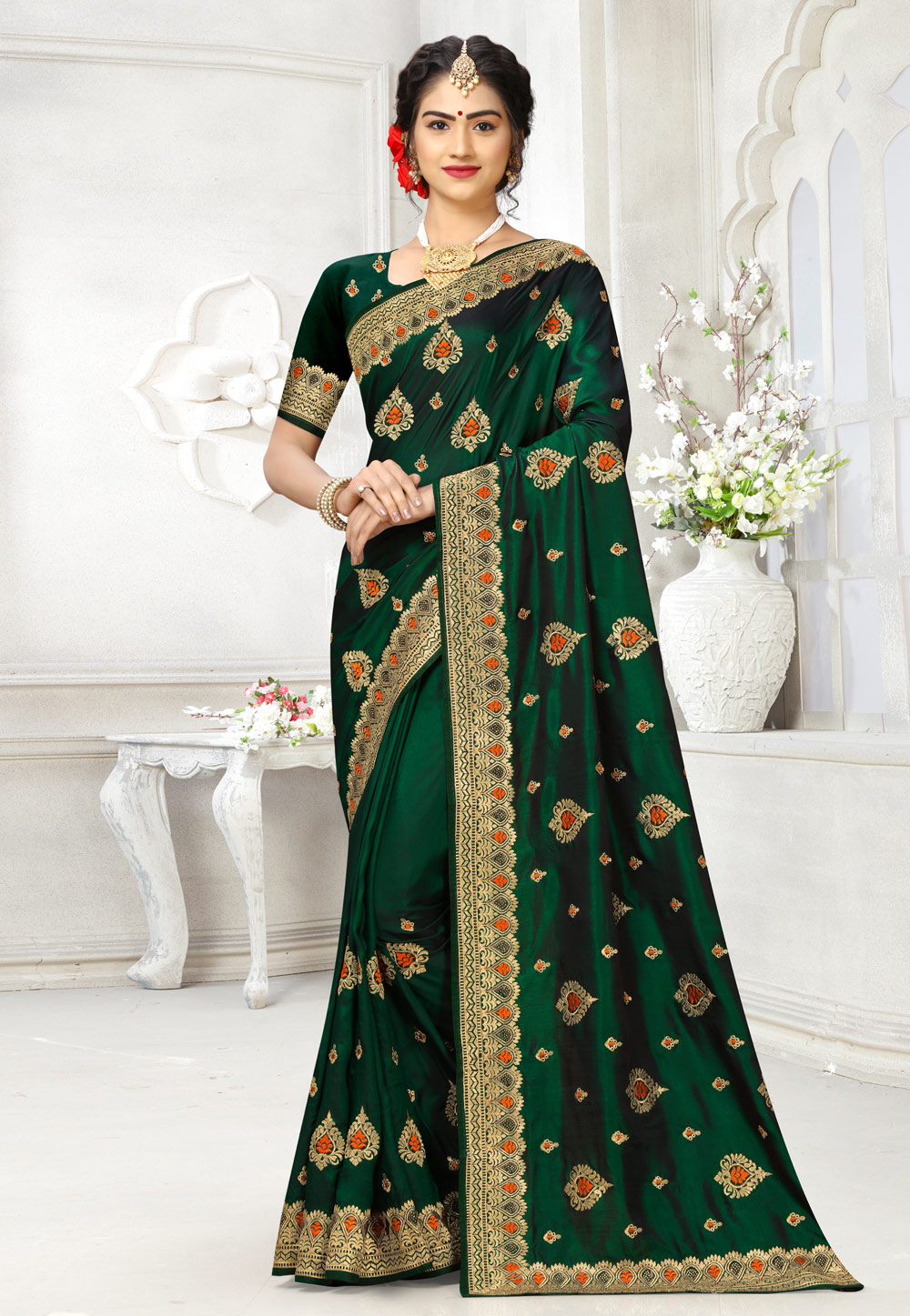 Green Satin Festival Wear Saree 206409