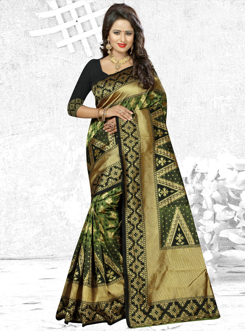 Dark Green Banarasi Saree With Blouse 95641