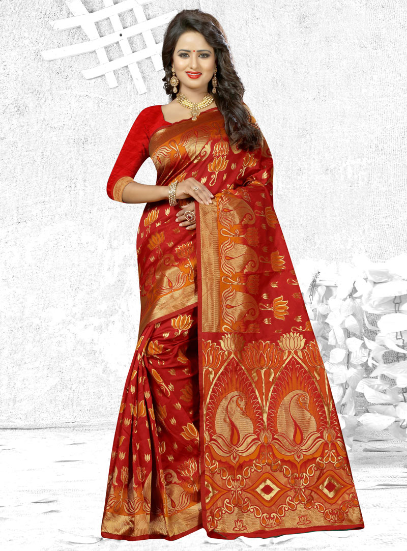 Red Banarasi Saree With Blouse 95643