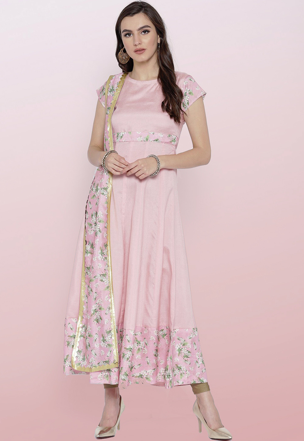 Pink Silk Readymade Printed Gown 176687