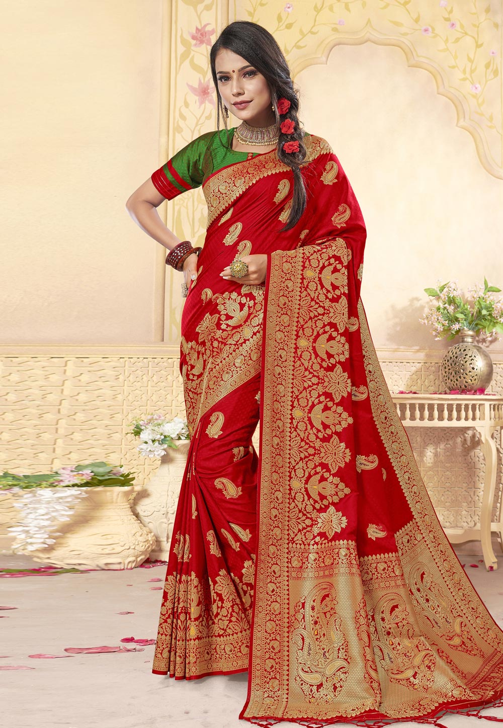 Red Banarasi Silk Saree With Blouse 211290