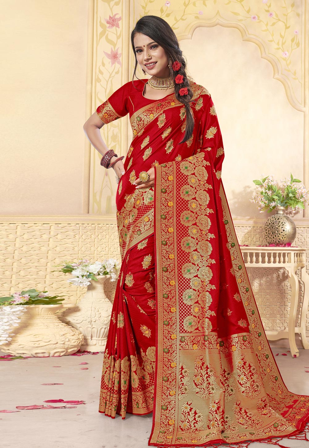 Red Banarasi Silk Festival Wear Saree 211291