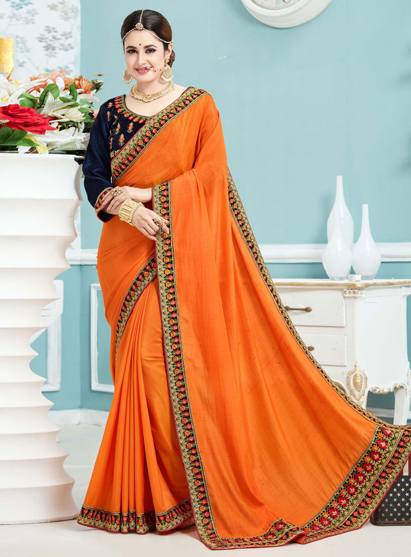 Yuvika Chaudhary Orange Crepe Patch Lace Work Saree 103832