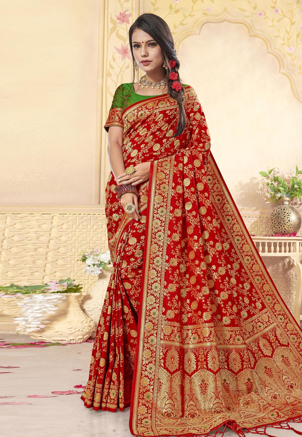 Red Banarasi Silk Saree With Blouse 211294
