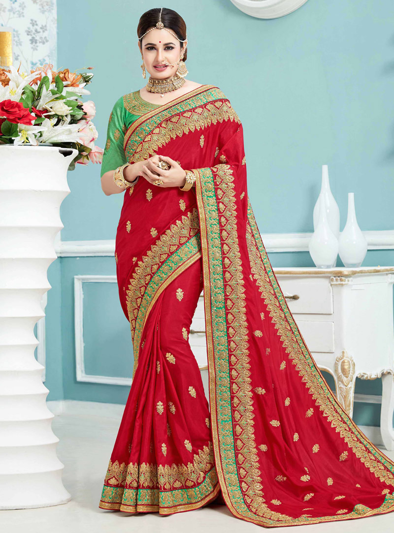 Yuvika Chaudhary Red Crepe Wedding Saree 103840