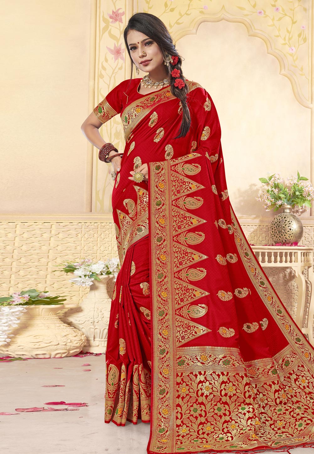 Red Banarasi Silk Saree With Blouse 211296
