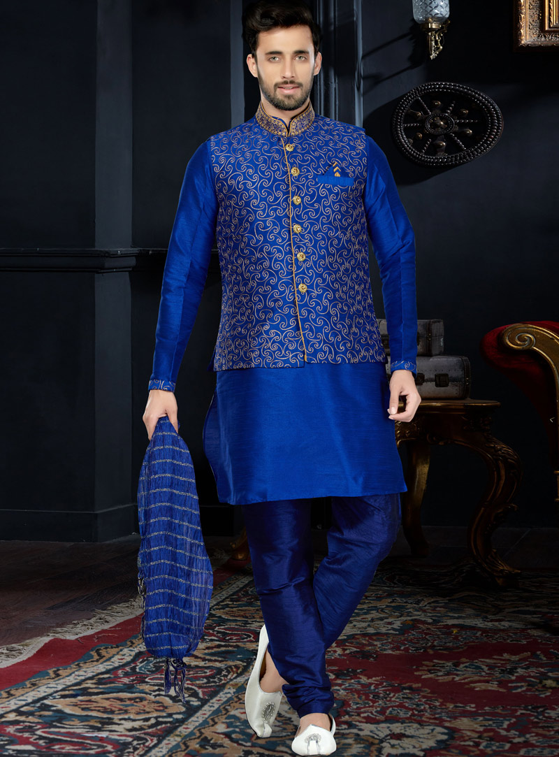 Royal Blue Art Dupion Readymade Kurta Pajama With Jacket 103976