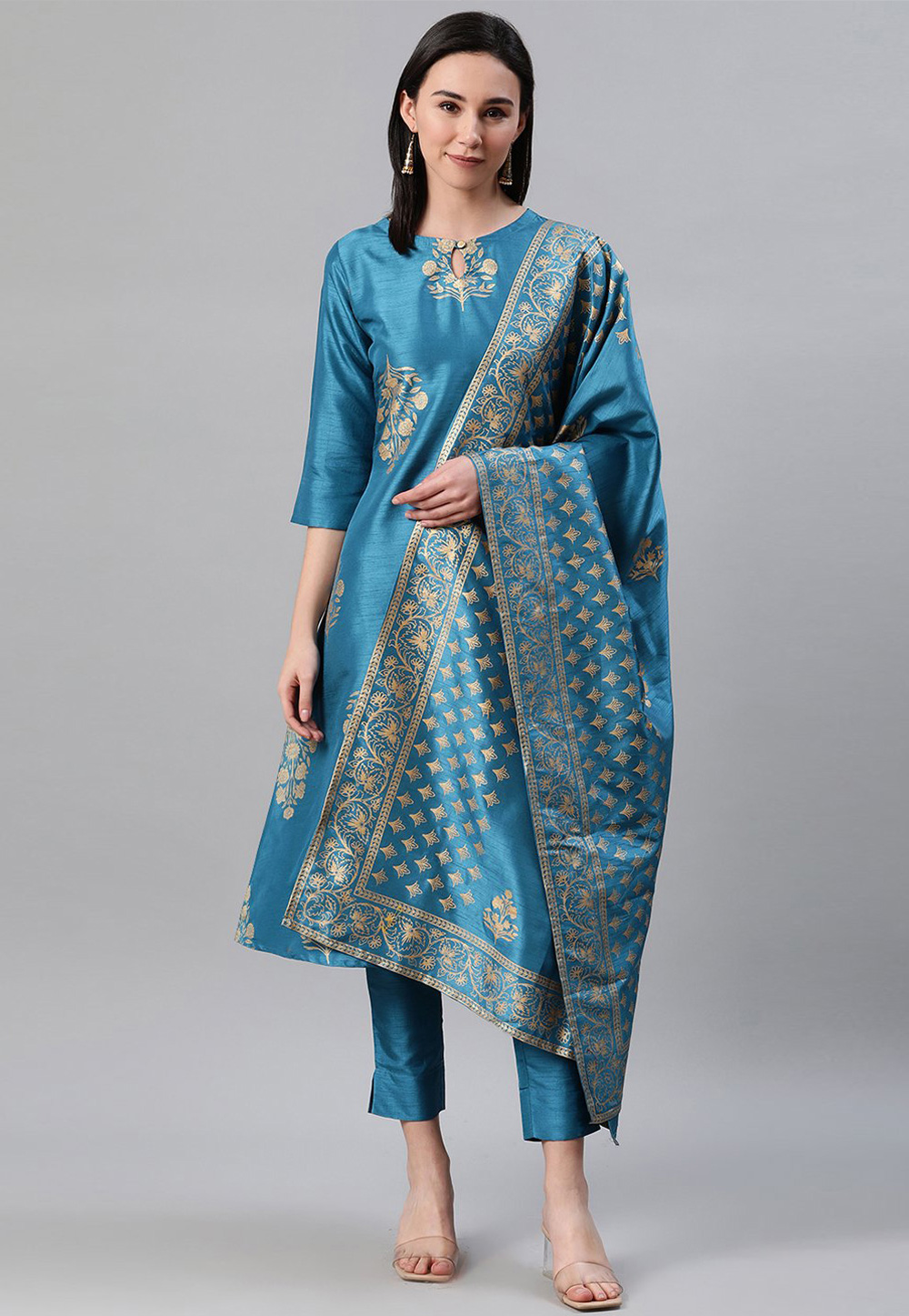 Blue Poly Silk Readymade Pant Style Suit 234128